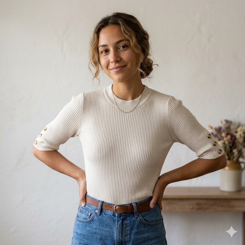 Sezane La Maille Ribbed Cotton Wool Knit Top Womens Medium Cream Buttoned